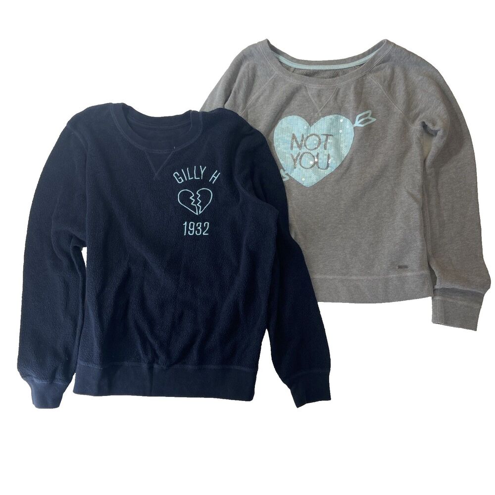Lot of 2 Hollister Gilly Hicks Sweatshirts Sequin Heart Sz M Blue Valentines